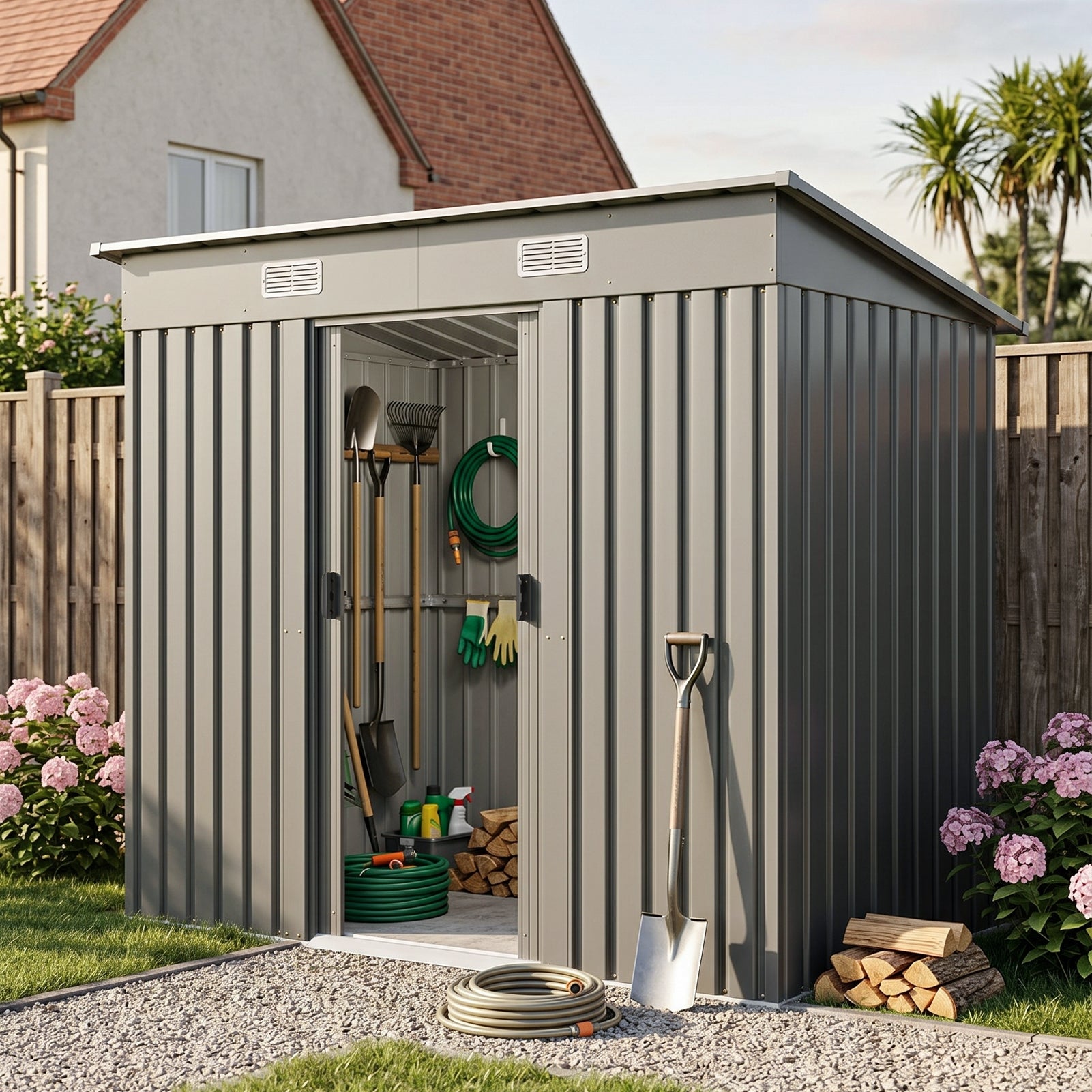 4x8FT Metal Wood Grain/Grey Aluminium Outdoor Garden Tool Storage Shed with Lockable Doors